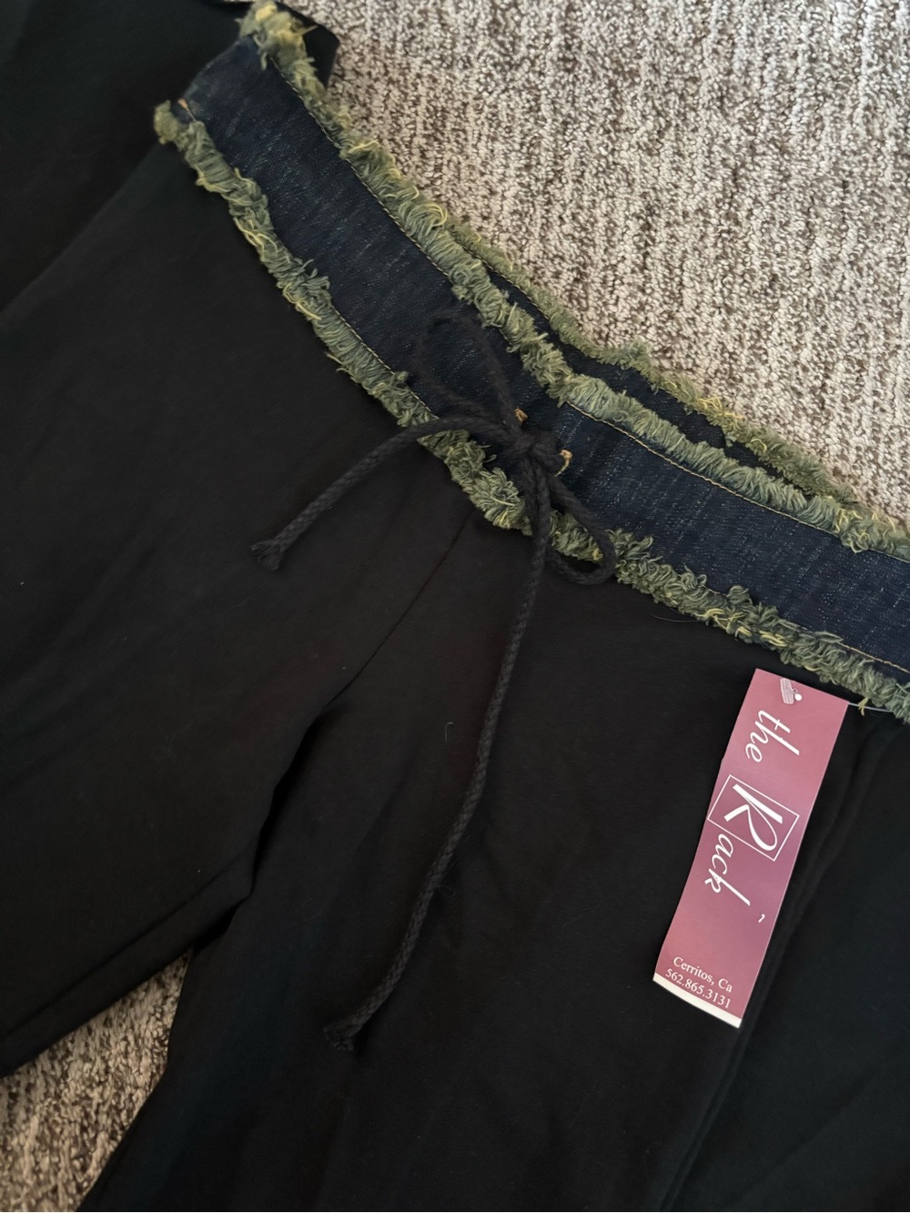 Black Lounge Pants with Frayed Green-Trim Waistband